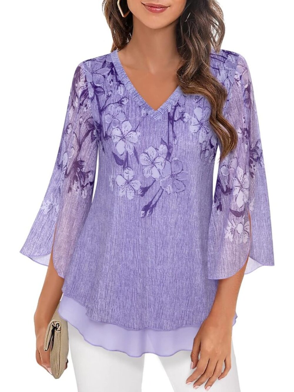 Women's Tops Multi Violet 3/4 Sleeves Floral Shirts Double Layers V Neck Blouses